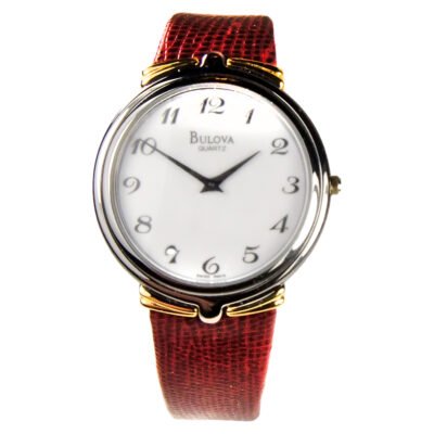 BULOVA Women's Watch - Round White Dial - New Burgundy Lizard Calf Leather Strap